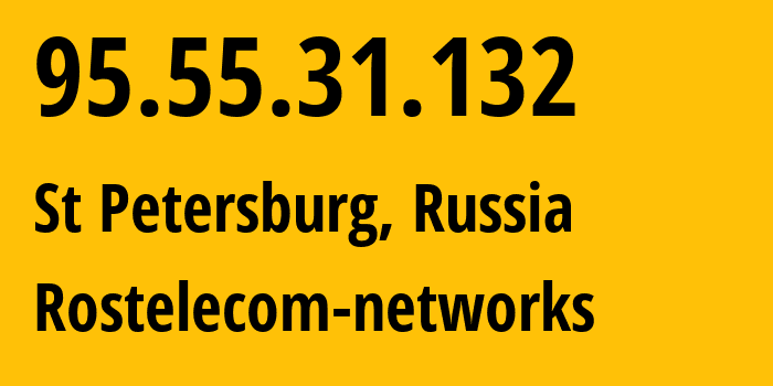 IP-адрес 95.55.31.132 (Санкт-Петербург, Санкт-Петербург, Россия) определить местоположение, координаты на карте, ISP провайдер AS12389 Rostelecom-networks // кто провайдер айпи-адреса 95.55.31.132