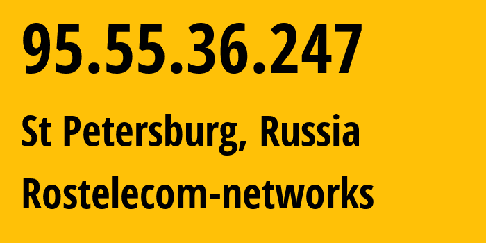 IP-адрес 95.55.36.247 (Санкт-Петербург, Санкт-Петербург, Россия) определить местоположение, координаты на карте, ISP провайдер AS12389 Rostelecom-networks // кто провайдер айпи-адреса 95.55.36.247