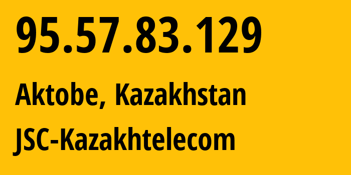 IP-адрес 95.57.83.129 (Актобе, Aktyubinskaya Oblast, Казахстан) определить местоположение, координаты на карте, ISP провайдер AS9198 JSC-Kazakhtelecom // кто провайдер айпи-адреса 95.57.83.129