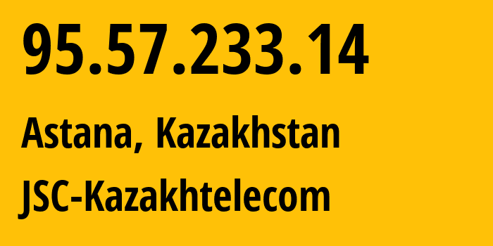 IP address 95.57.233.14 get location, coordinates on map, ISP provider AS9198 JSC-Kazakhtelecom // who is provider of ip address 95.57.233.14, whose IP address