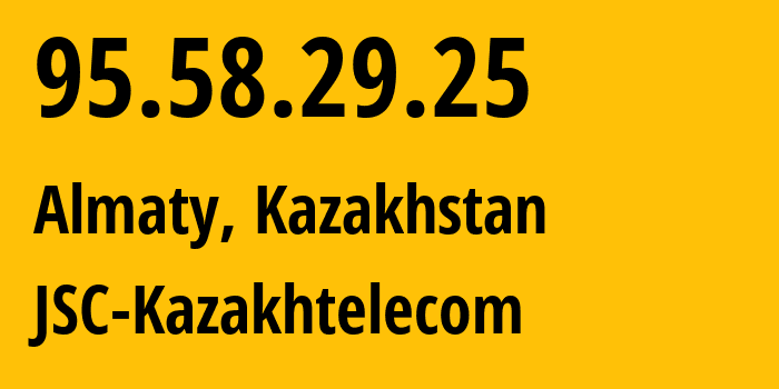 IP-адрес 95.58.29.25 (Алматы, Алматы, Казахстан) определить местоположение, координаты на карте, ISP провайдер AS9198 JSC-Kazakhtelecom // кто провайдер айпи-адреса 95.58.29.25