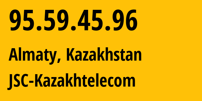 IP address 95.59.45.96 (Almaty, Almaty, Kazakhstan) get location, coordinates on map, ISP provider AS9198 JSC-Kazakhtelecom // who is provider of ip address 95.59.45.96, whose IP address