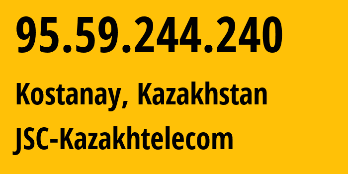 IP address 95.59.244.240 (Kostanay, Qostanay Oblysy, Kazakhstan) get location, coordinates on map, ISP provider AS9198 JSC-Kazakhtelecom // who is provider of ip address 95.59.244.240, whose IP address