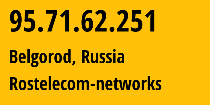 IP address 95.71.62.251 (Belgorod, Belgorod Oblast, Russia) get location, coordinates on map, ISP provider AS12389 Rostelecom-networks // who is provider of ip address 95.71.62.251, whose IP address