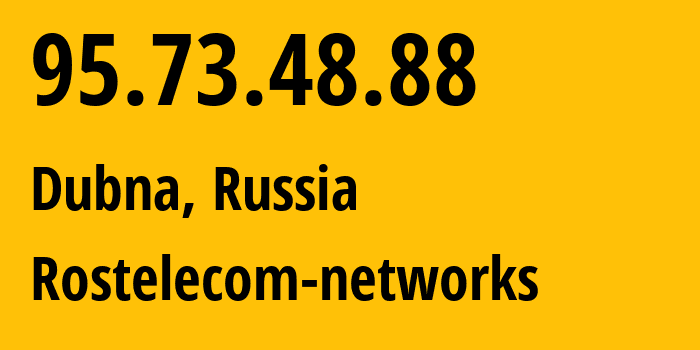 IP-адрес 95.73.48.88 (Дубна, Московская область, Россия) определить местоположение, координаты на карте, ISP провайдер AS12389 Rostelecom-networks // кто провайдер айпи-адреса 95.73.48.88