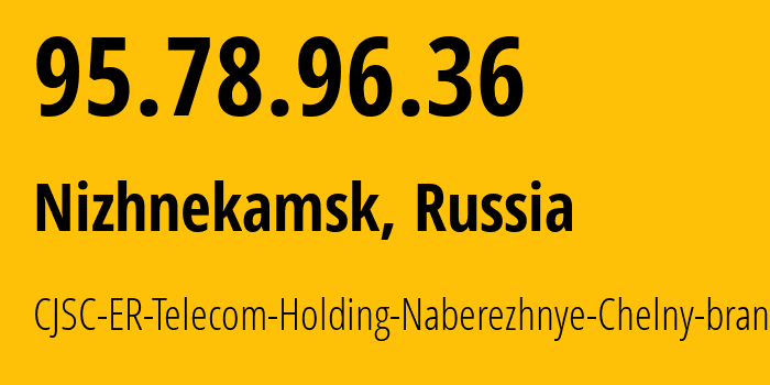 IP address 95.78.96.36 (Nizhnekamsk, Tatarstan Republic, Russia) get location, coordinates on map, ISP provider AS42116 CJSC-ER-Telecom-Holding-Naberezhnye-Chelny-branch // who is provider of ip address 95.78.96.36, whose IP address