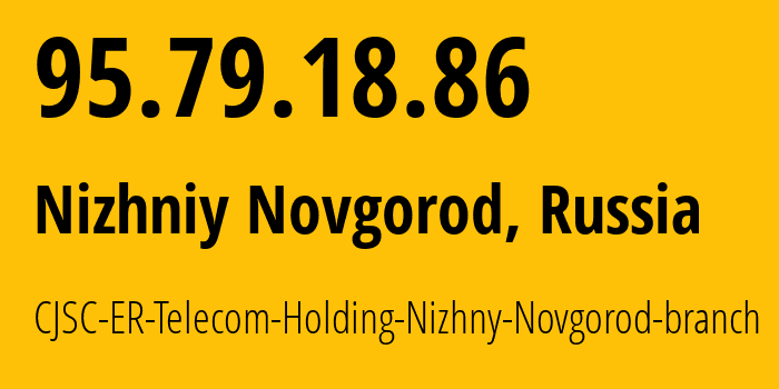 IP-адрес 95.79.18.86 (Нижний Новгород, Нижегородская Область, Россия) определить местоположение, координаты на карте, ISP провайдер AS42682 CJSC-ER-Telecom-Holding-Nizhny-Novgorod-branch // кто провайдер айпи-адреса 95.79.18.86