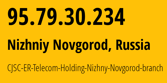 IP-адрес 95.79.30.234 (Нижний Новгород, Нижегородская Область, Россия) определить местоположение, координаты на карте, ISP провайдер AS42682 CJSC-ER-Telecom-Holding-Nizhny-Novgorod-branch // кто провайдер айпи-адреса 95.79.30.234