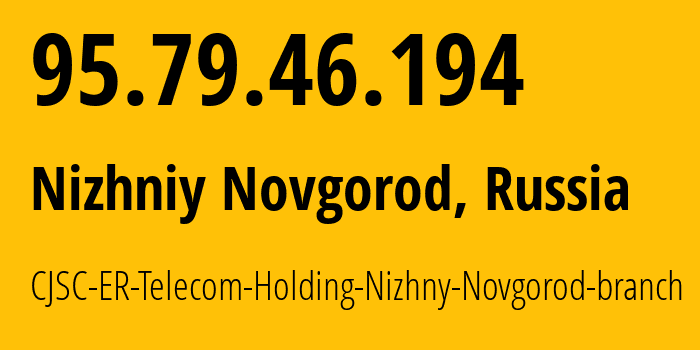 IP-адрес 95.79.46.194 (Нижний Новгород, Нижегородская Область, Россия) определить местоположение, координаты на карте, ISP провайдер AS42682 CJSC-ER-Telecom-Holding-Nizhny-Novgorod-branch // кто провайдер айпи-адреса 95.79.46.194