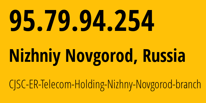 IP-адрес 95.79.94.254 (Нижний Новгород, Нижегородская Область, Россия) определить местоположение, координаты на карте, ISP провайдер AS42682 CJSC-ER-Telecom-Holding-Nizhny-Novgorod-branch // кто провайдер айпи-адреса 95.79.94.254