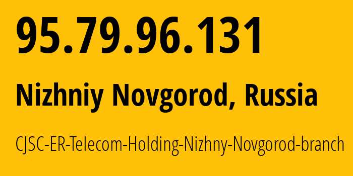 IP-адрес 95.79.96.131 (Нижний Новгород, Нижегородская Область, Россия) определить местоположение, координаты на карте, ISP провайдер AS42682 CJSC-ER-Telecom-Holding-Nizhny-Novgorod-branch // кто провайдер айпи-адреса 95.79.96.131