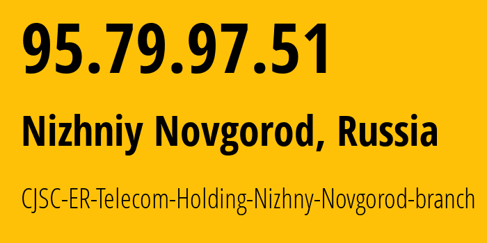 IP-адрес 95.79.97.51 (Нижний Новгород, Нижегородская Область, Россия) определить местоположение, координаты на карте, ISP провайдер AS42682 CJSC-ER-Telecom-Holding-Nizhny-Novgorod-branch // кто провайдер айпи-адреса 95.79.97.51