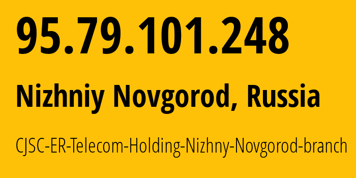 IP-адрес 95.79.101.248 (Нижний Новгород, Нижегородская Область, Россия) определить местоположение, координаты на карте, ISP провайдер AS42682 CJSC-ER-Telecom-Holding-Nizhny-Novgorod-branch // кто провайдер айпи-адреса 95.79.101.248