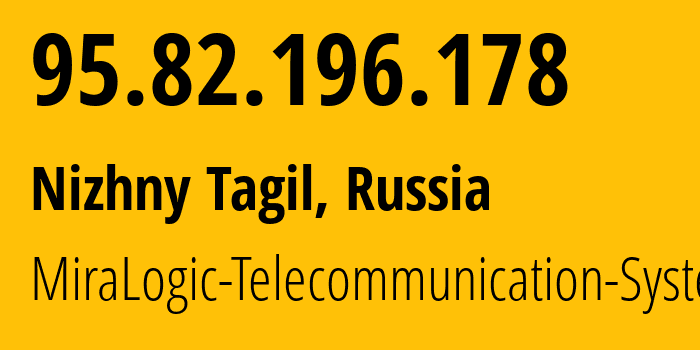 IP address 95.82.196.178 (Nizhny Tagil, Sverdlovsk Oblast, Russia) get location, coordinates on map, ISP provider AS12668 MiraLogic-Telecommunication-Systems // who is provider of ip address 95.82.196.178, whose IP address