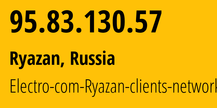 IP-адрес 95.83.130.57 (Рязань, Рязанская Область, Россия) определить местоположение, координаты на карте, ISP провайдер AS15774 Electro-com-Ryazan-clients-network // кто провайдер айпи-адреса 95.83.130.57