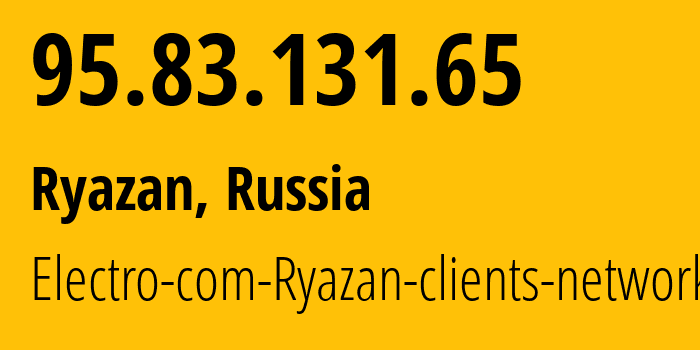 IP-адрес 95.83.131.65 (Рязань, Рязанская область, Россия) определить местоположение, координаты на карте, ISP провайдер AS15774 Electro-com-Ryazan-clients-network // кто провайдер айпи-адреса 95.83.131.65