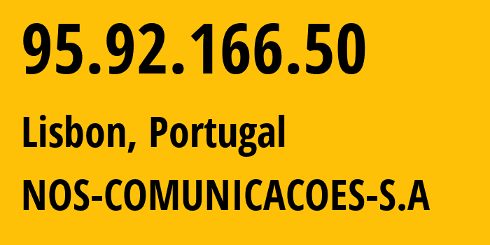 IP address 95.92.166.50 (Lisbon, Lisbon, Portugal) get location, coordinates on map, ISP provider AS2860 NOS-COMUNICACOES-S.A // who is provider of ip address 95.92.166.50, whose IP address