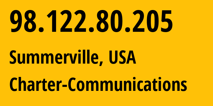 IP address 98.122.80.205 (Summerville, South Carolina, USA) get location, coordinates on map, ISP provider AS11426 Charter-Communications // who is provider of ip address 98.122.80.205, whose IP address