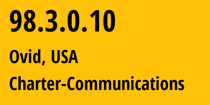 IP address 98.3.0.10 (Ovid, New York, USA) get location, coordinates on map, ISP provider AS11351 Charter-Communications // who is provider of ip address 98.3.0.10, whose IP address