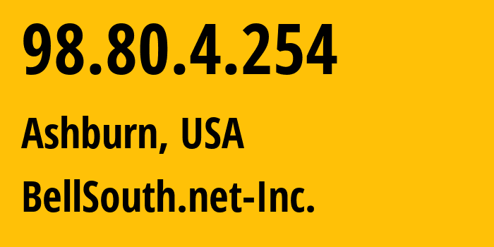 IP-адрес 98.80.4.254 (Ашберн, Виргиния, США) определить местоположение, координаты на карте, ISP провайдер AS14618 BellSouth.net-Inc. // кто провайдер айпи-адреса 98.80.4.254